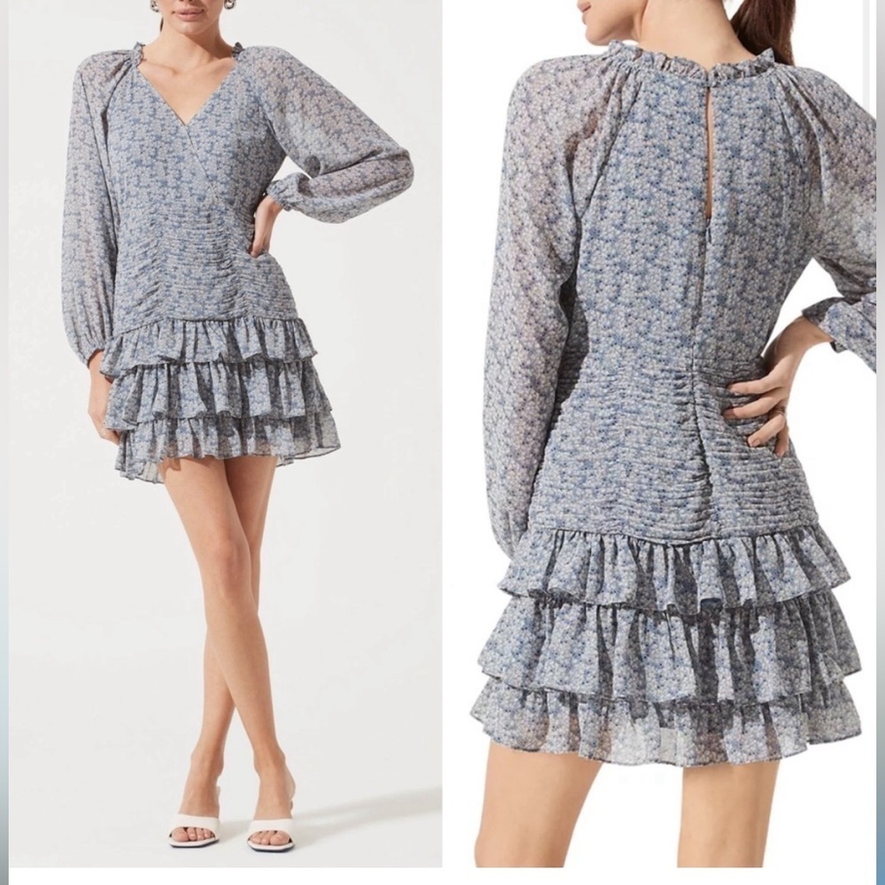 ASTR Blue CHIFFON Long Sleeve TIERED Ruffle FLORAL Mini DRESS XS